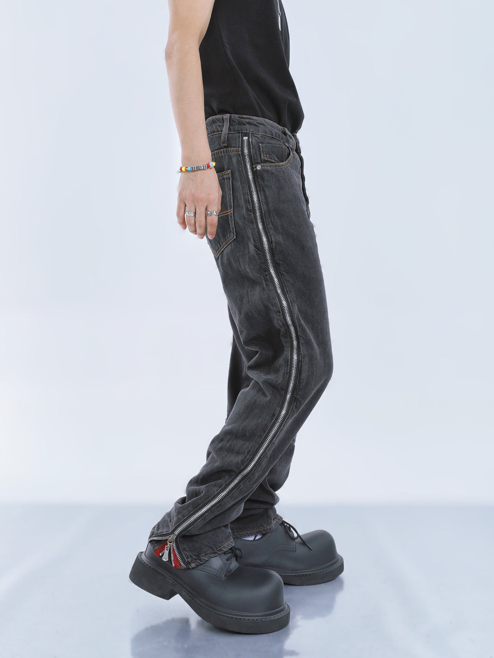 【23s September.】Contrast Striped Double Zip Jeans -M ArtsKoreanMan