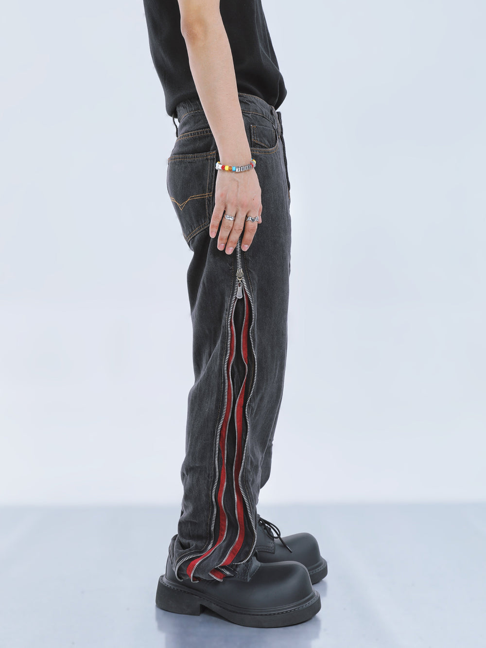 【23s September.】Contrast Striped Double Zip Jeans -M ArtsKoreanMan