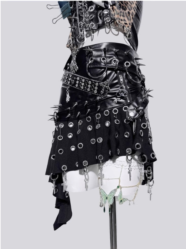 【25s Mar.】Punk Asymmetric Splicing PU Leather Skirt