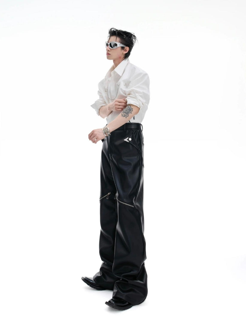 【25s Aug.】Vintage Metal Zipper Shiny Leather Pants