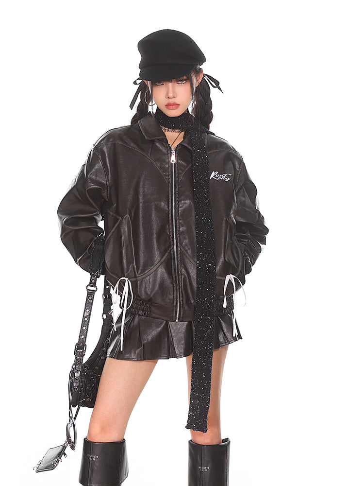 【24s Oct.】Niche Retro Bow Lapel Leather Jacket + Leather Skirt ArtsKoreanMan