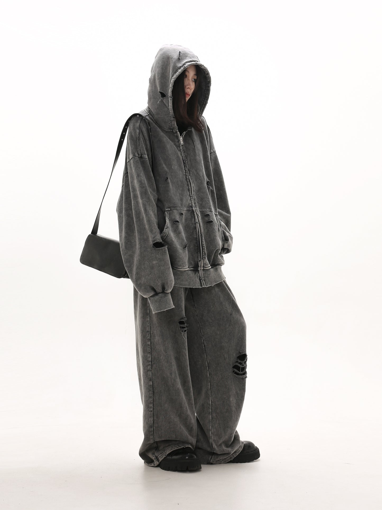 【25s Mar.】Destroyed Washed Distressed Hooded Cardigan Baggy Pants Suit