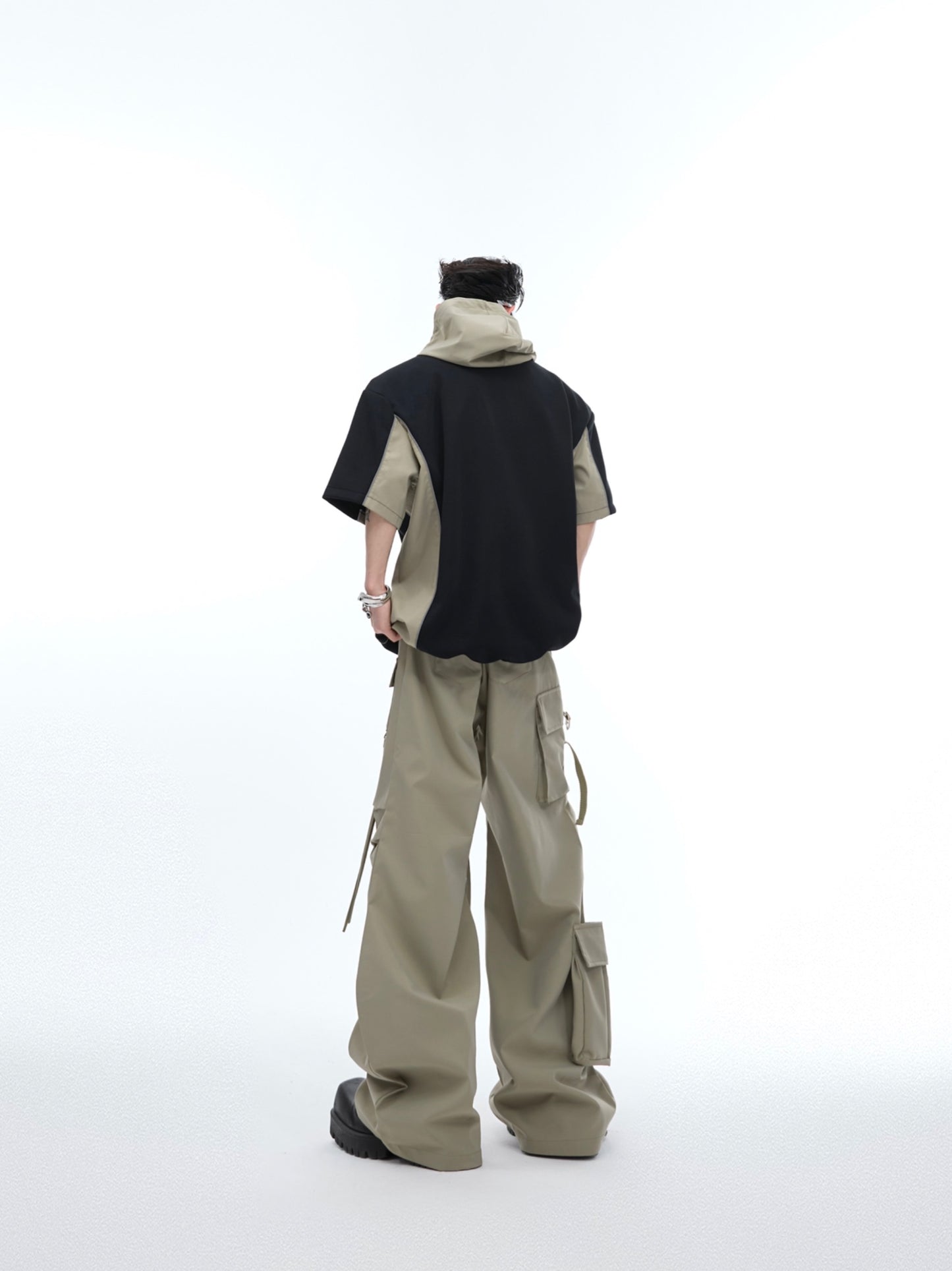 【24s June.】Deconstructed Patchwork Hooded T-shirt + Cargo Pants Suit