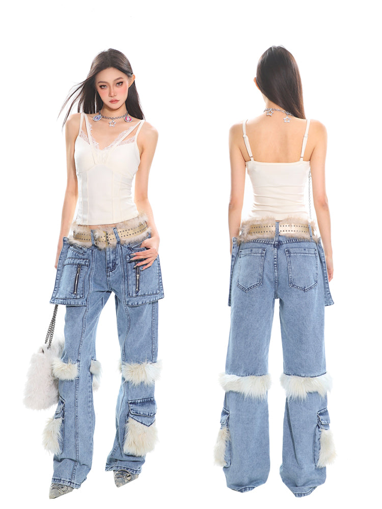 【25s Mar.】Retro Faux Fur Patchwork Utility Straight-Leg Denim Pants