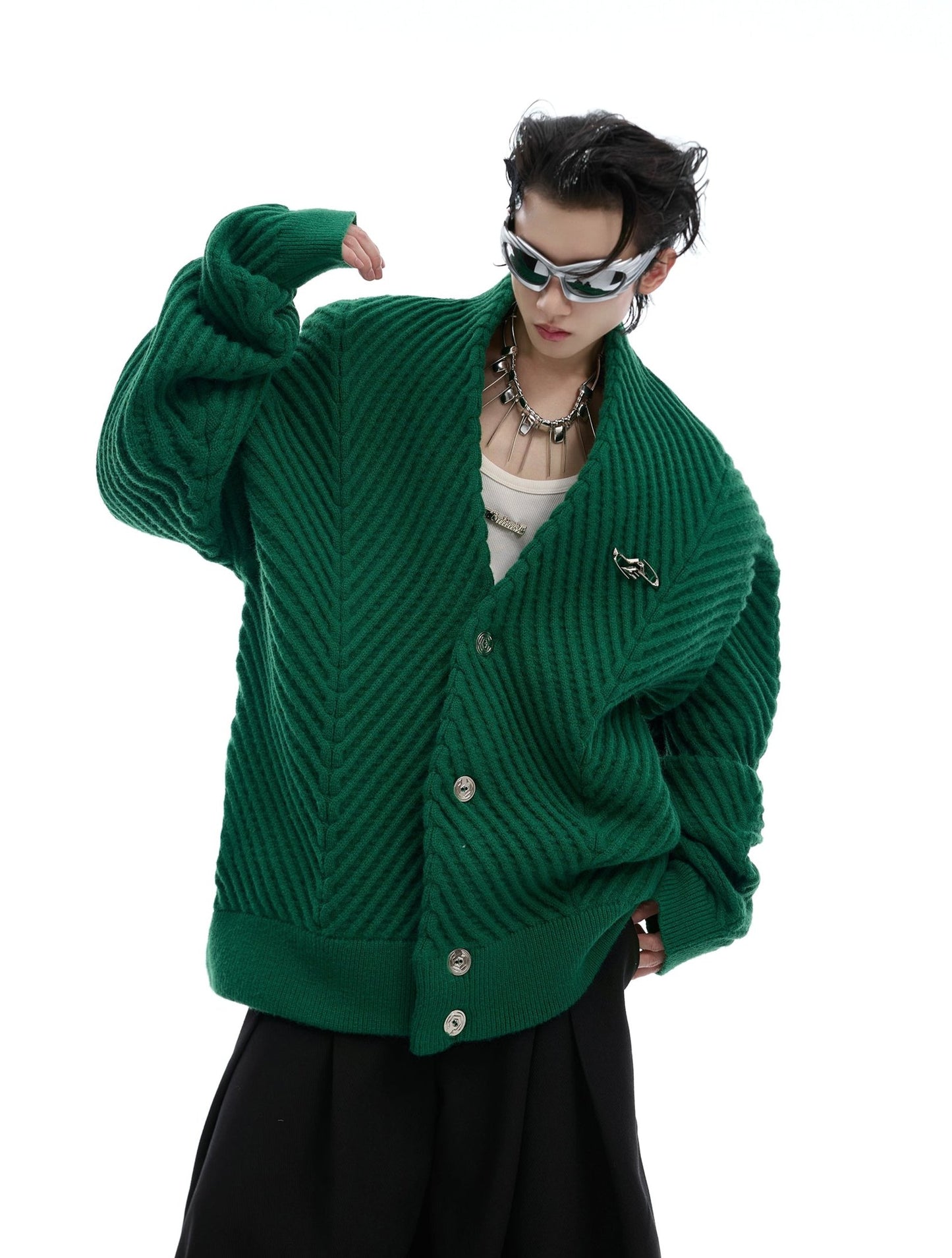 【24s Oct.】Metal Button Large V-neck Loose Knit Sweater