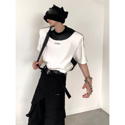 【24s June.】Black and White Contrast Leather T-shirt