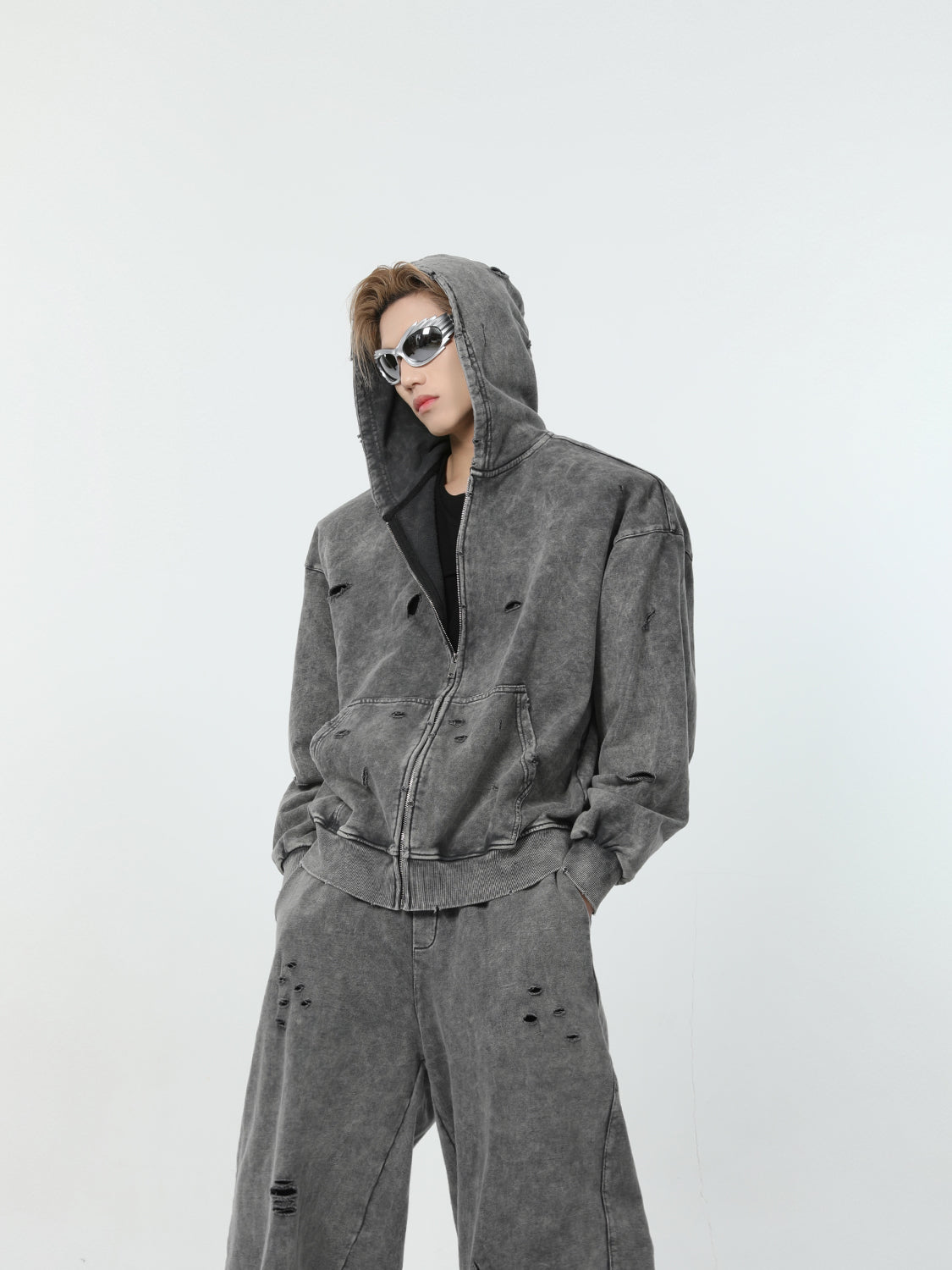 【24s March.】Destroyed Washed Distressed Hooded Cardigan Baggy Pants Suit