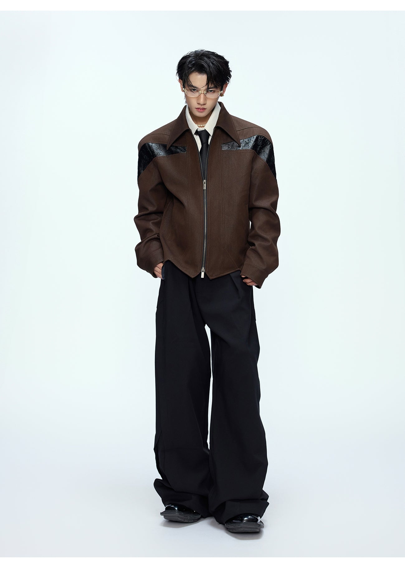 【25s Oct.】Glossy Paneled Deconstructed Leather Jacket