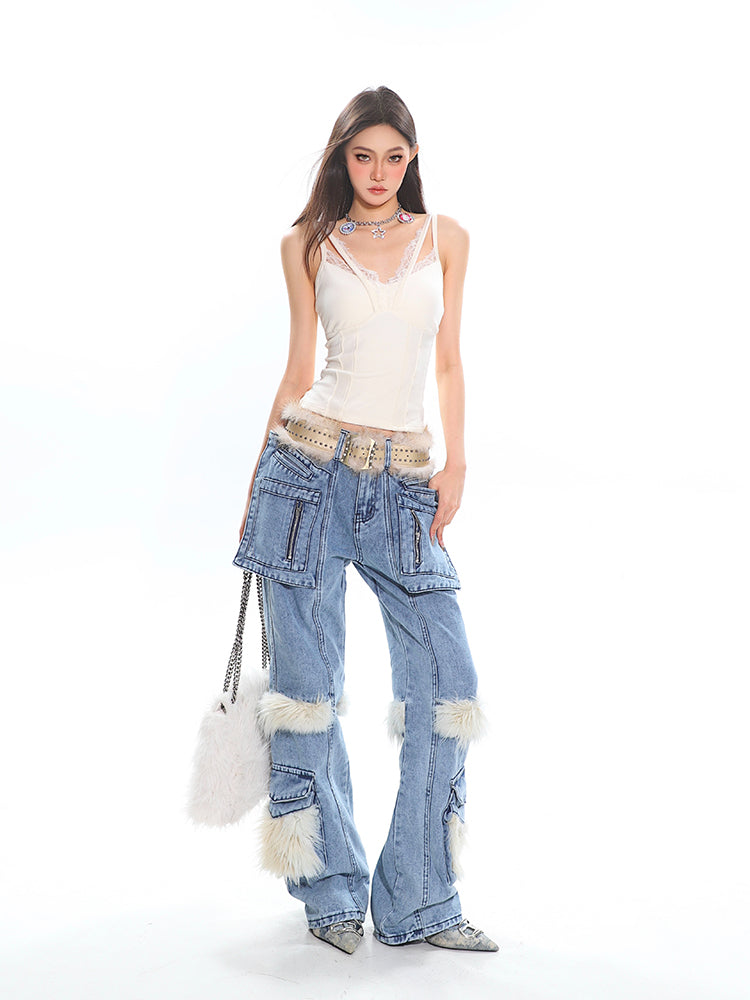 【25s Mar.】Retro Faux Fur Patchwork Utility Straight-Leg Denim Pants