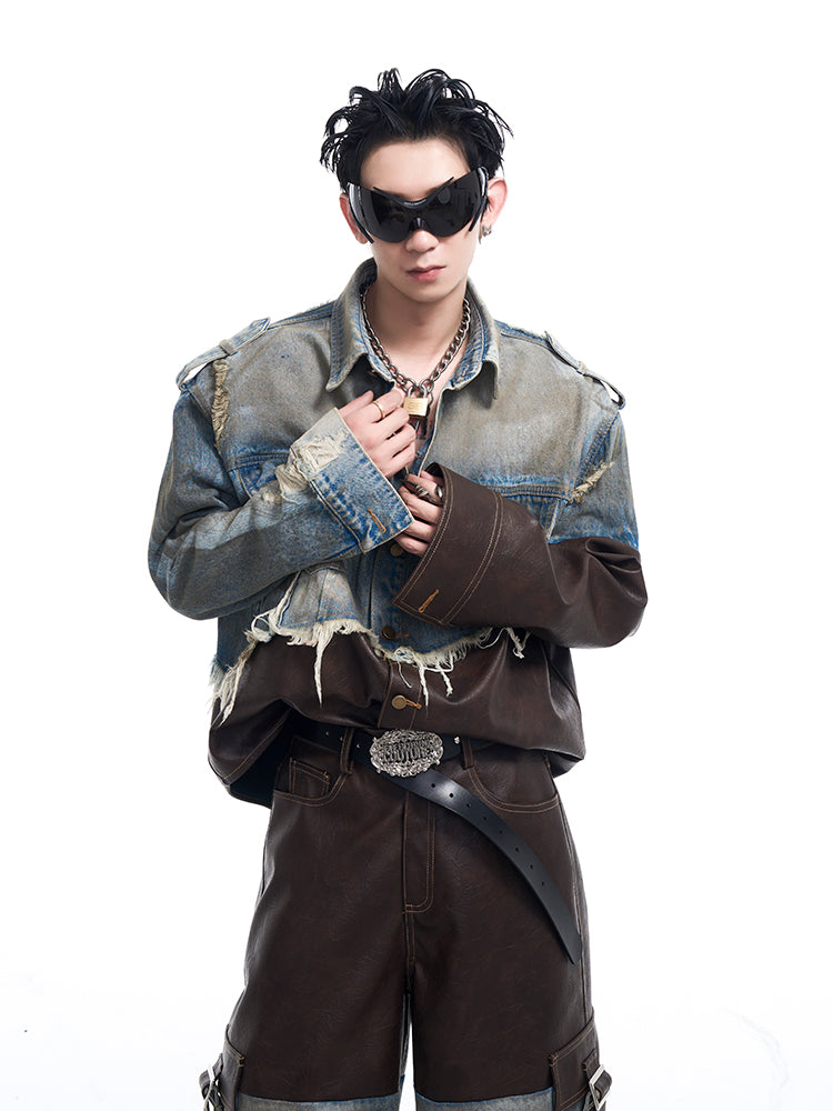 【24s Nov.】Vintage Distressed Patchwork Leather Denim Jacket ArtsKoreanMan