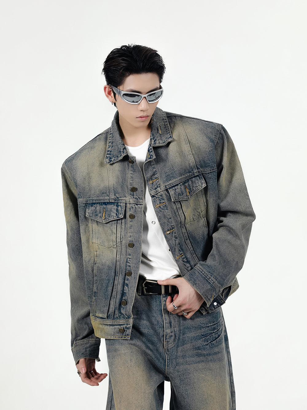 【24s Sep.】Retro Simple Padded Shoulder Denim Jacket Suit ArtsKoreanMan