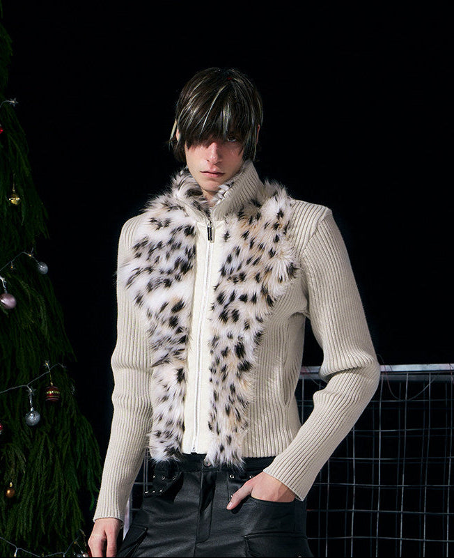 【26s Jan.】Fur-trimmed Quilted Stand-collar Knit Sweater