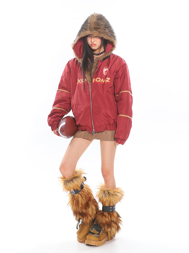 【24s Dec.】American Style Letter Print Fur Hooded Cotton Coat ArtsKoreanMan