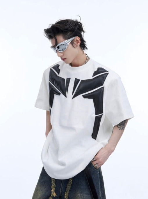 【24s April.】3D Embossed PU Leather Patchwork T-shirt