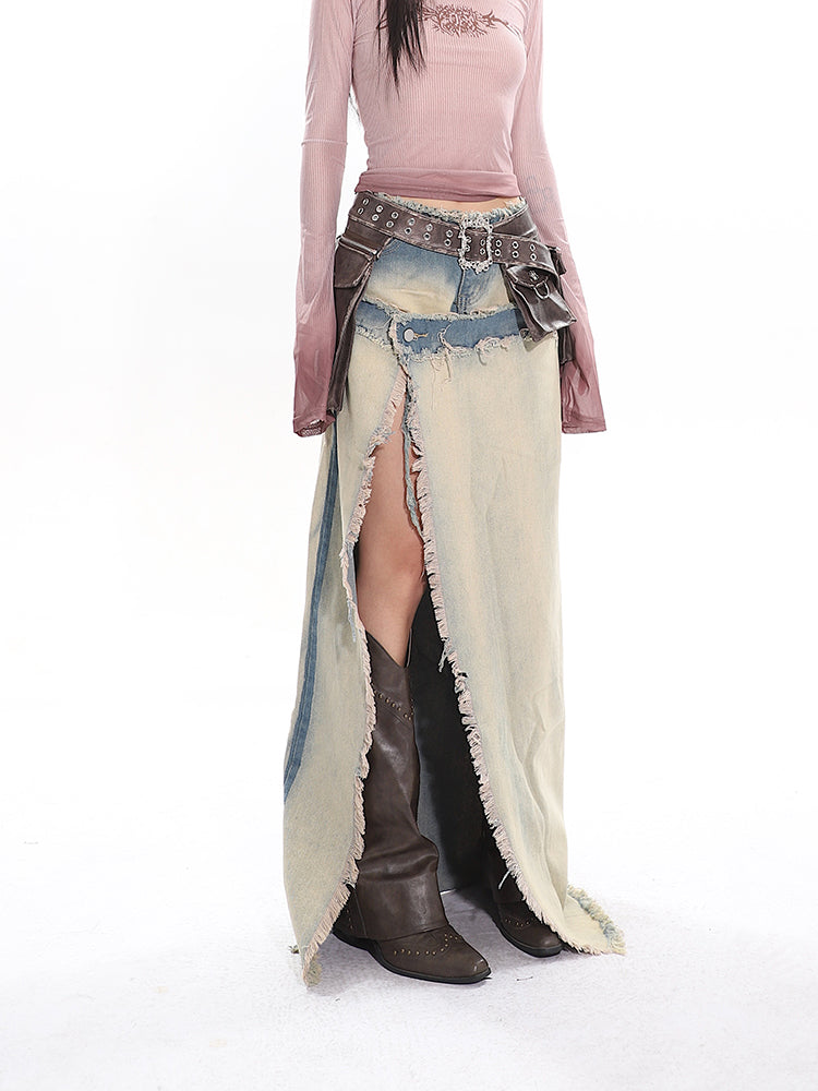 【24s April.】Distressed Raw Edge Gradient Denim Skirt ArtsKoreanMan