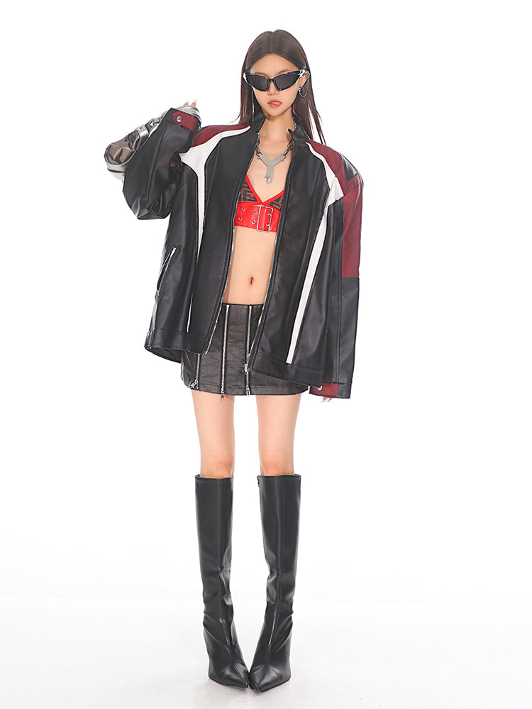 【24s Sep.】Black and Red Contrast Leather Motorcycle Jacket