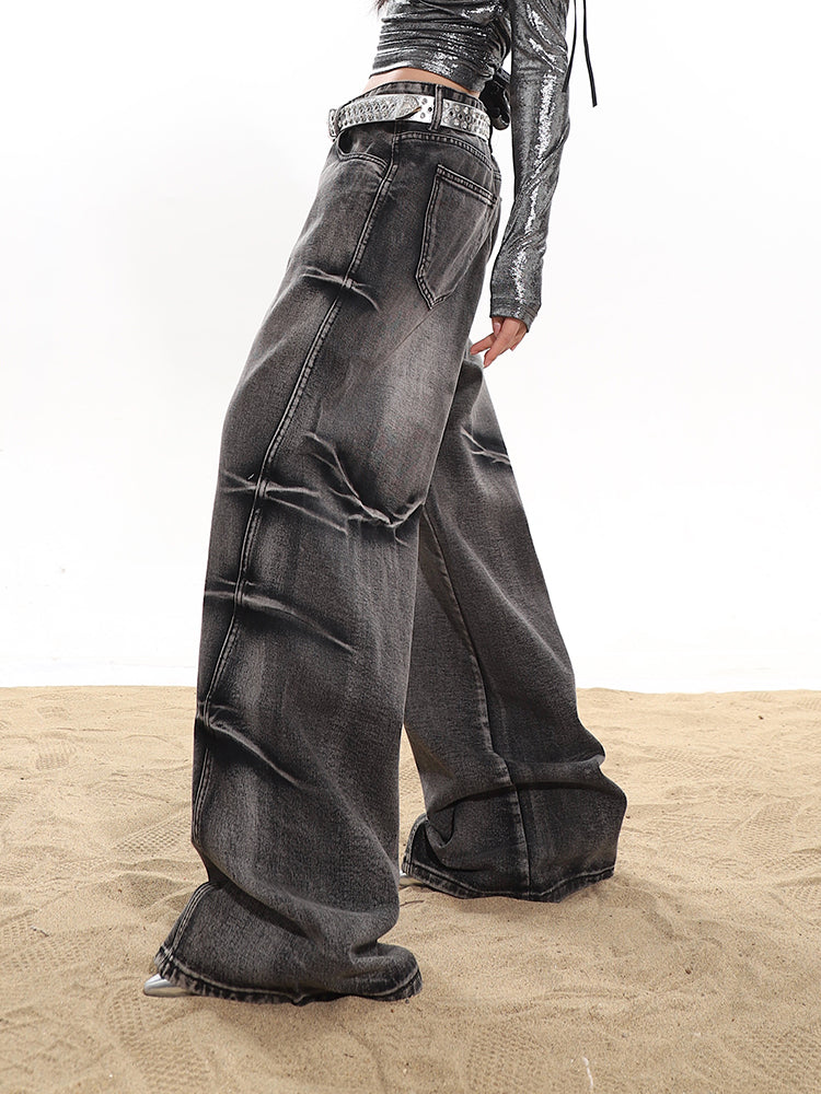 【24s January.】Washed Pleated Distressed Wide-leg Jeans