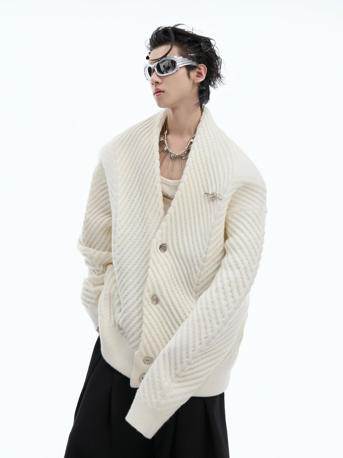 【24s Oct.】Metal Button Large V-neck Loose Knit Sweater