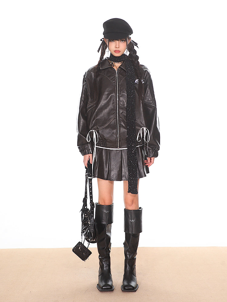 【24s Oct.】Niche Retro Bow Lapel Leather Jacket + Leather Skirt ArtsKoreanMan