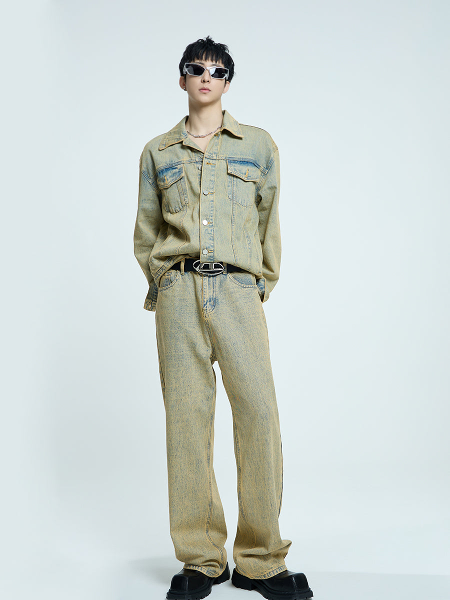 【23s September.】Distressed Denim Jacket + Washed Jeans Set -M