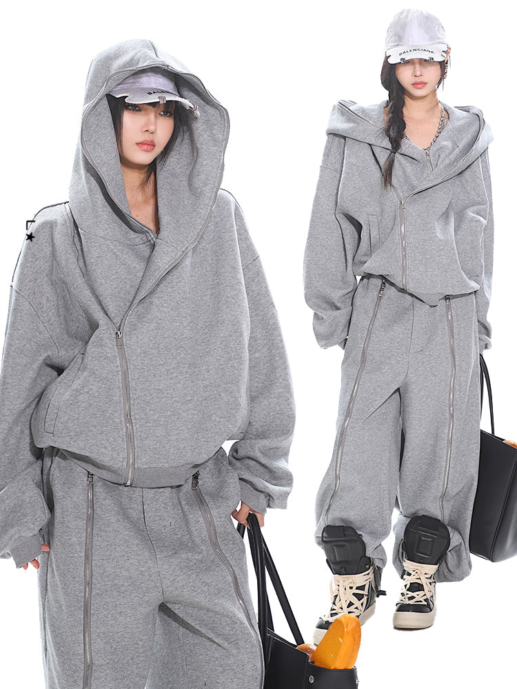 【25s Mar.】Zippered Design Hoodie/Wide-Leg Pants Set