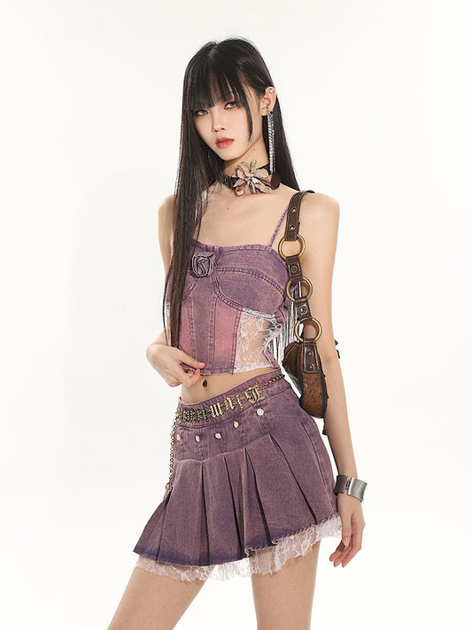 【24s July.】Hot Girl Lace Purple Denim Vest + Short Skirt