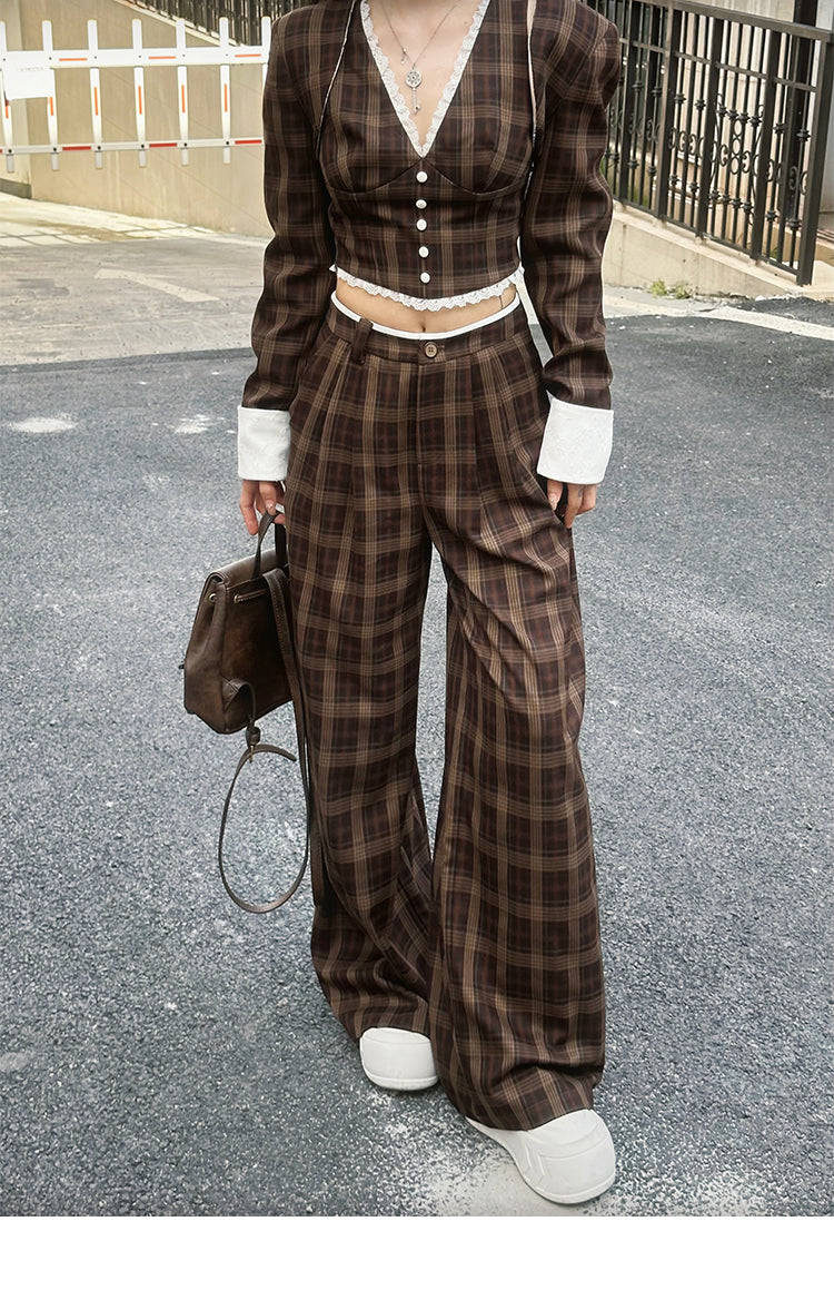 【24s Sep.】Retro Plaid Vest Waistcoat Casual Wide Leg Pants Set TrendyStyle101