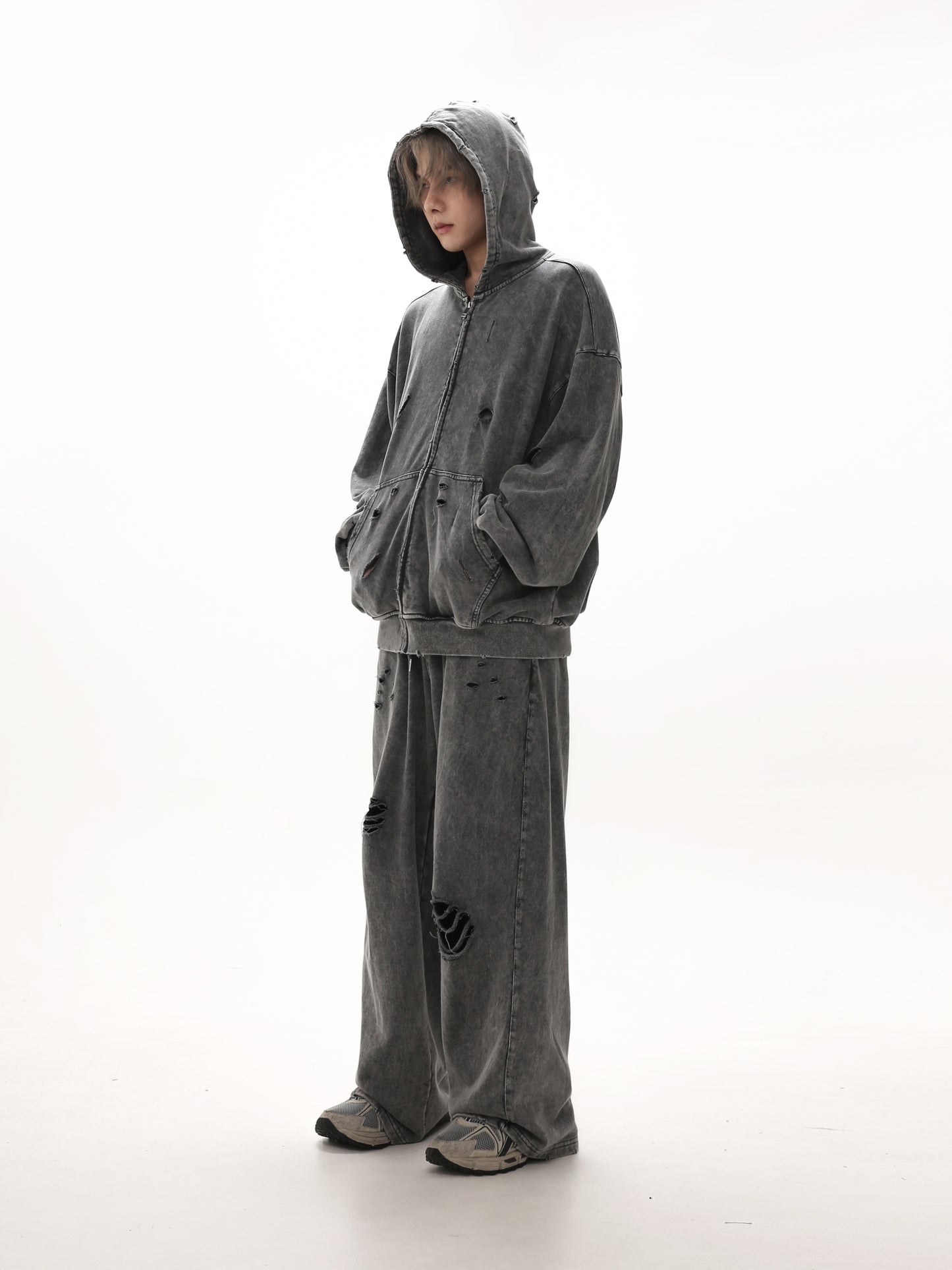 【25s Mar.】Destroyed Washed Distressed Hooded Cardigan Baggy Pants Suit