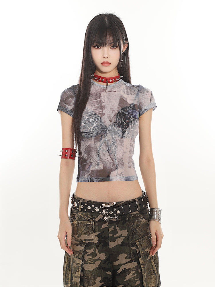 【25s Mar.】Vintage Floral Mesh See-Through Fitted Short Sleeve