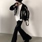 【24s January.】Black Glossy Striped Short Leather Jacket