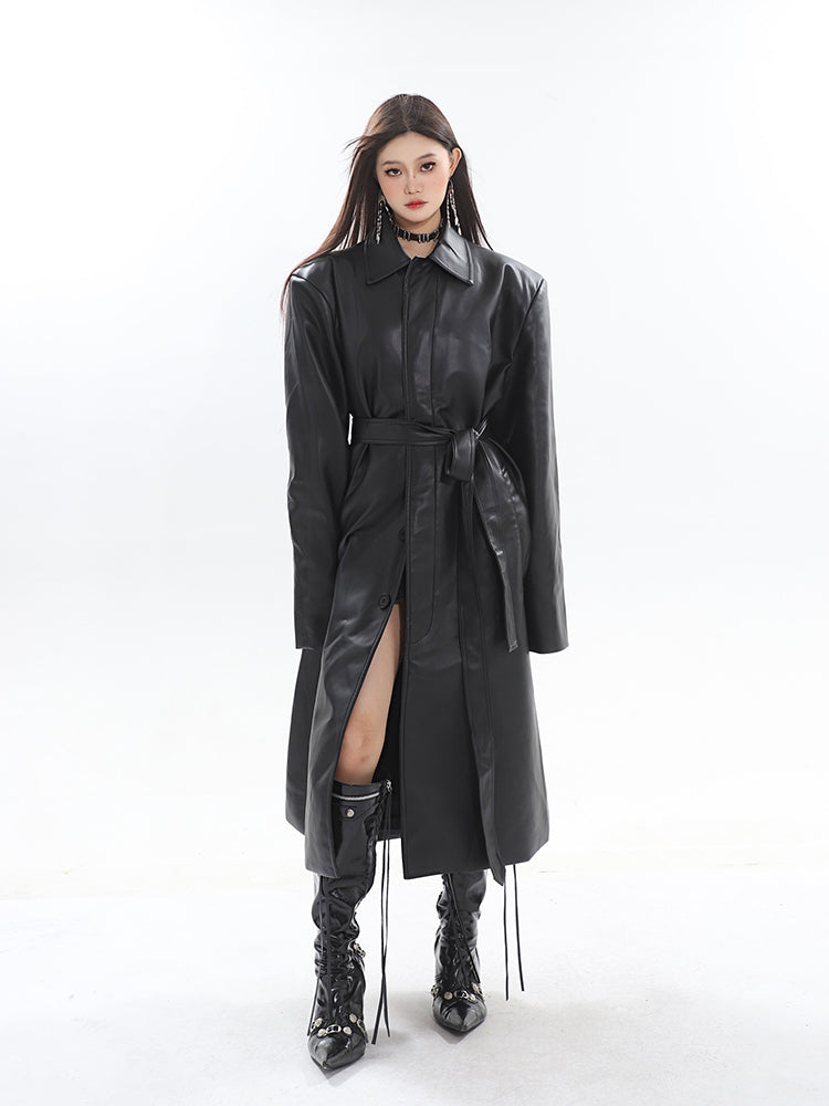 【23s October.】Long PU Leather Windbreaker Jacket ArtsKoreanMan