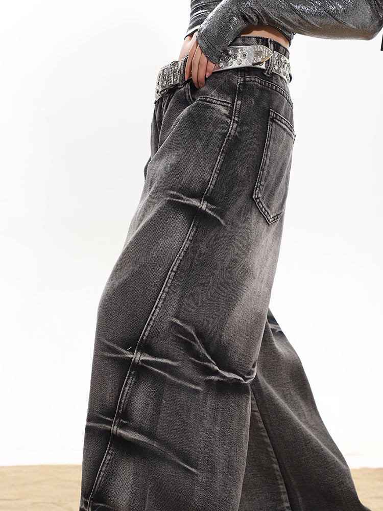 【24s January.】Washed Pleated Distressed Wide-leg Jeans