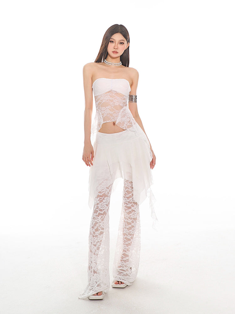 【24s June.】Lace Patchwork Mesh Fake Two-piece Skirt Pants