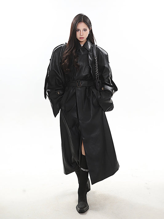 【23s December.】Long Belted Double-breasted Leather Coat
