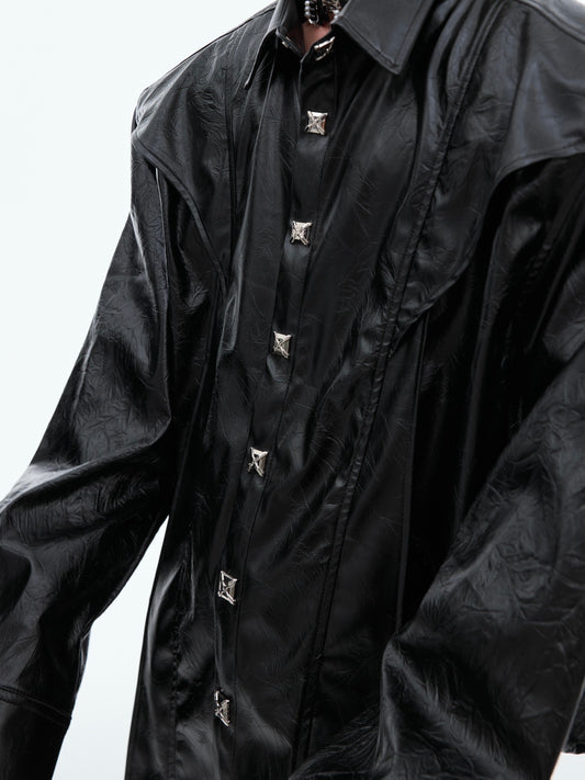 【24s Oct.】Deconstructed Metal Button Long Sleeve Leather Shirt