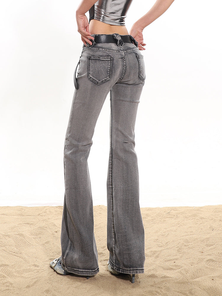 【24s January.】Smoke Gray Washed Distressed Stretch Jeans