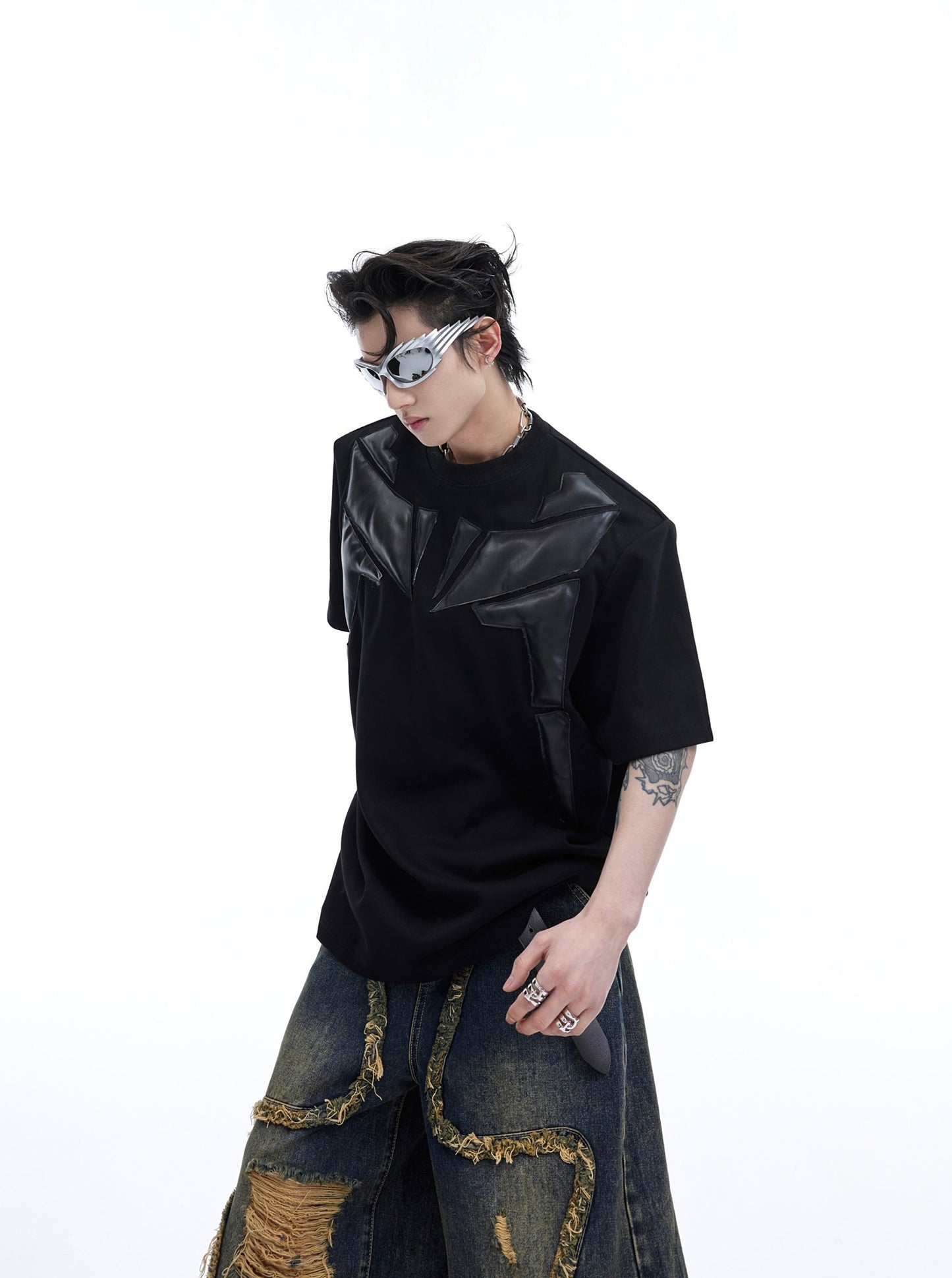 【24s April.】3D Embossed PU Leather Patchwork T-shirt