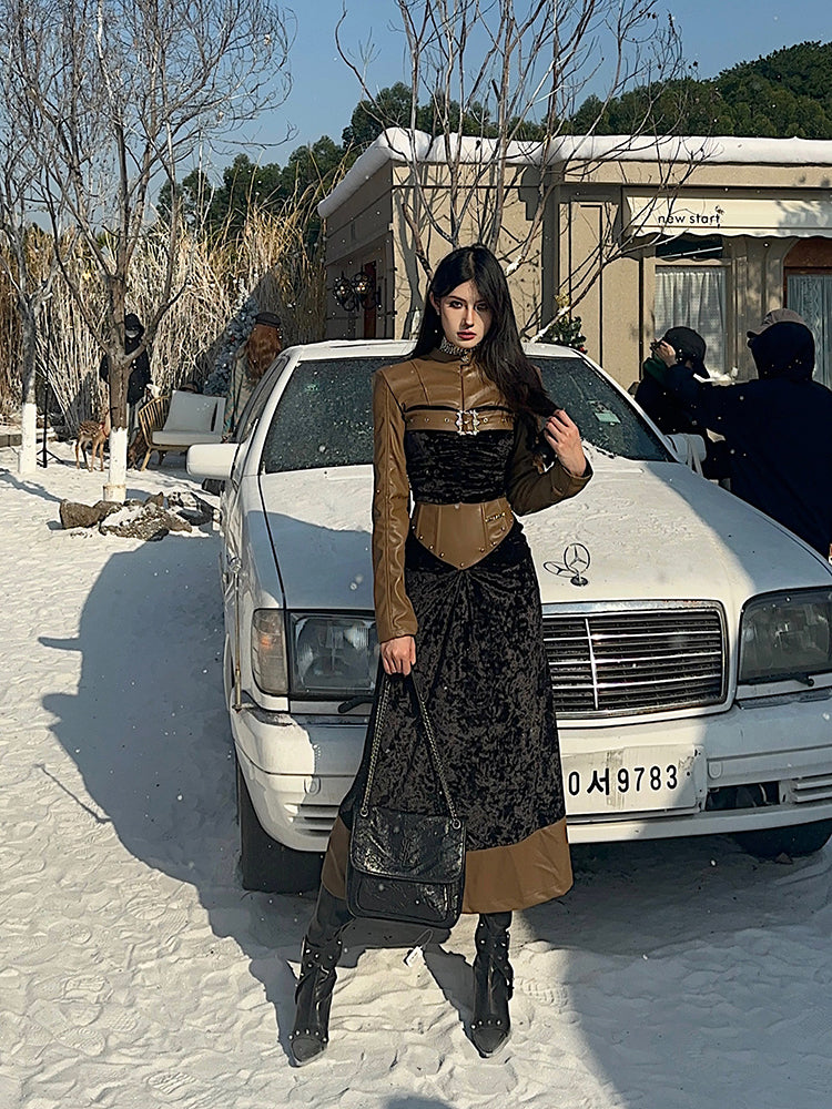 【23s December.】Black and Brown Patchwork Leather Hottie Dress ArtsKoreanMan