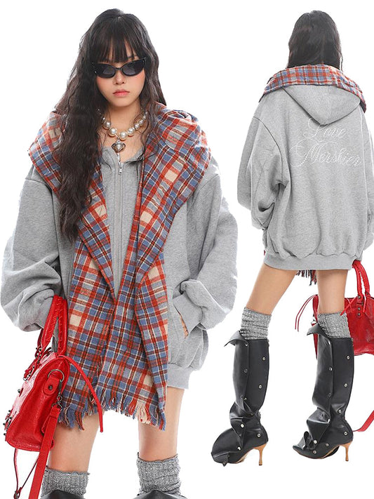 【25s Mar.】Retro Fake Two-Piece Check Hooded Sweatshirt