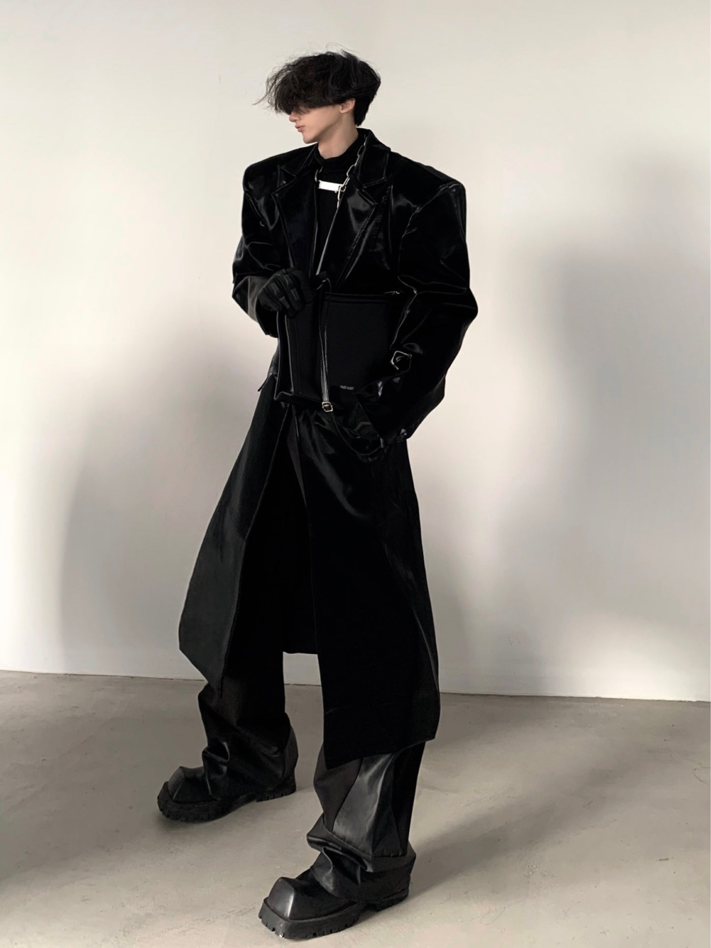 【23s December.】Liquid Black Pu Leather Coat with Shoulder Pads