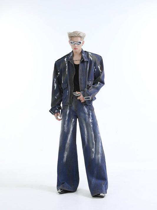 【24s Aug.】Distressed Dirty Dyed Painted Jacket Jeans Shorts Suit