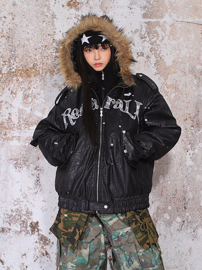 【24s Nov.】Fur Collar Leather Hooded Lace Lettering Cotton Jacket ArtsKoreanMan