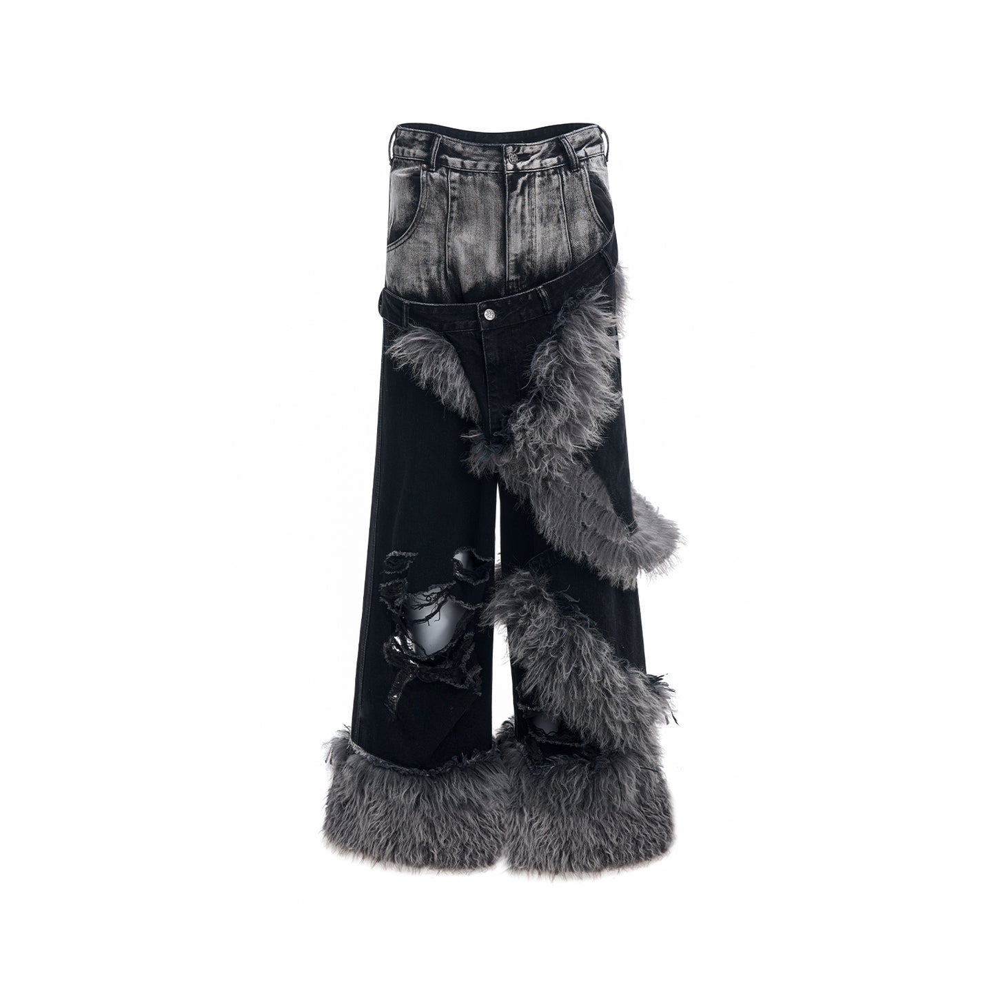 【25s Jan.】Double Waist Fur Patchwork Ripped Floor-length Pants Trendy