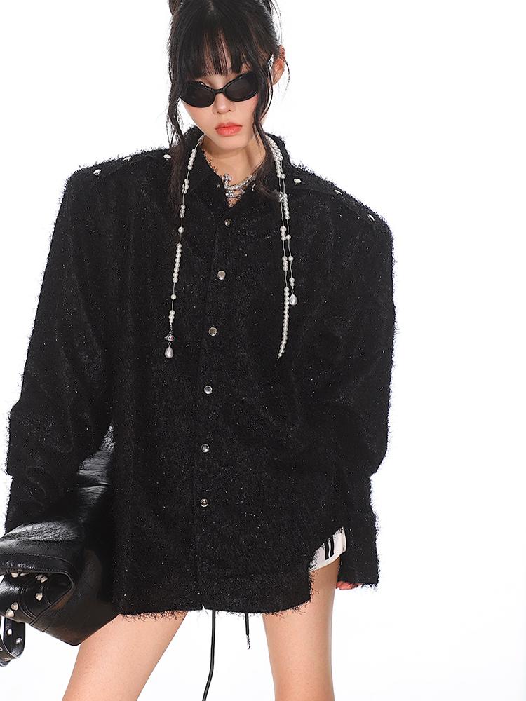 【24s Oct.】Retro Shoulder Pad Metallic Glitter Shirt Jacket