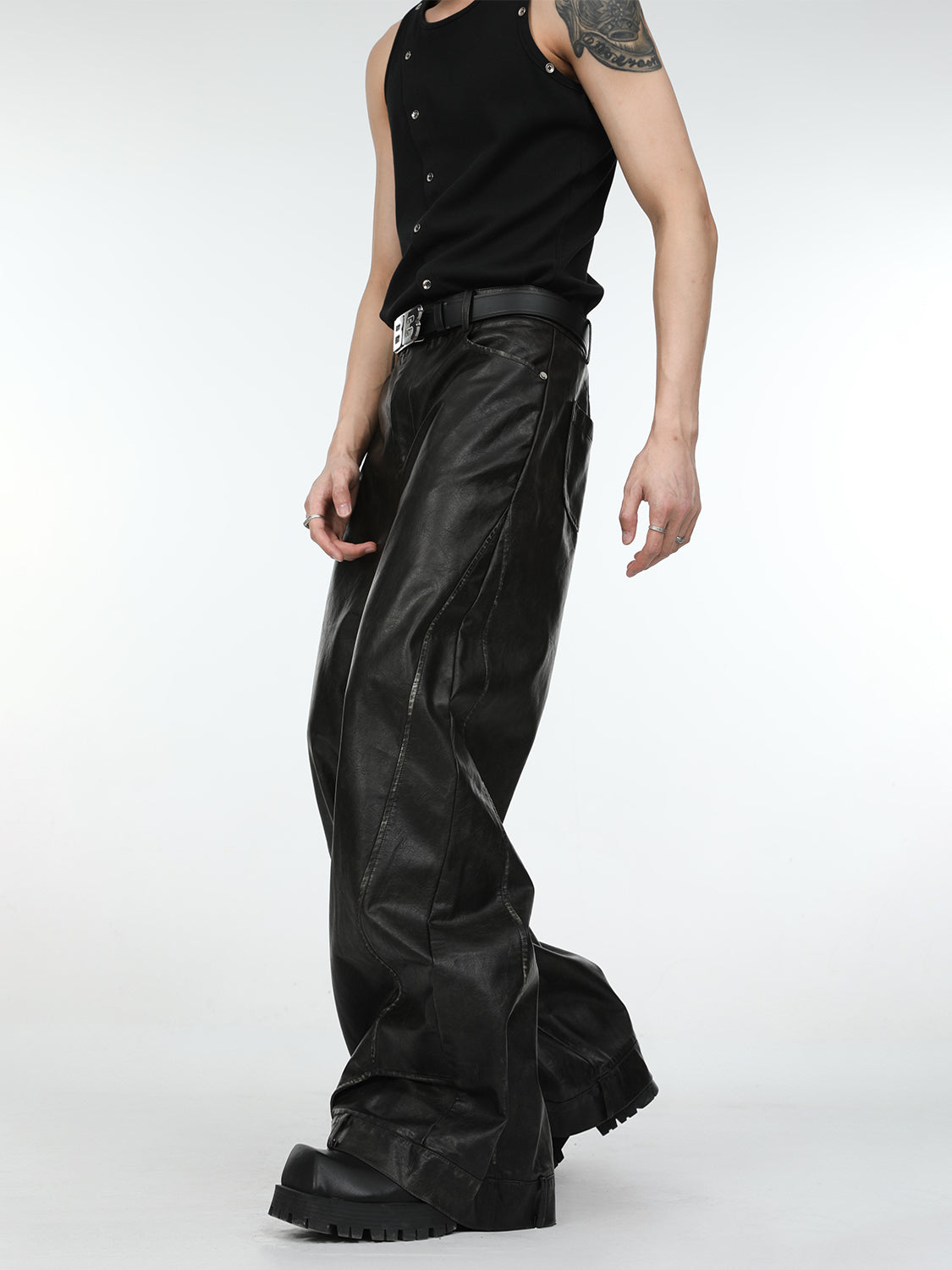 Trendy Deconstructed Black Leather Pants – ArtsKoreanMan