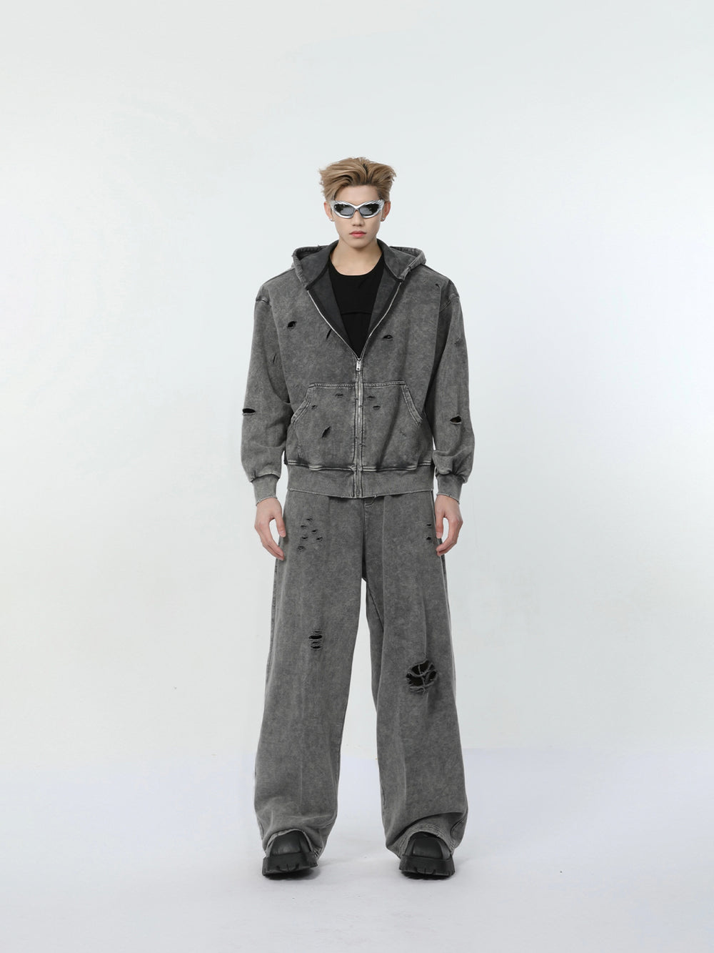 【24s March.】Destroyed Washed Distressed Hooded Cardigan Baggy Pants Suit ArtsKoreanMan