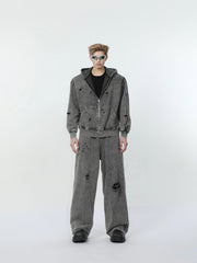 【24s March.】Destroyed Washed Distressed Hooded Cardigan Baggy Pants Suit ArtsKoreanMan