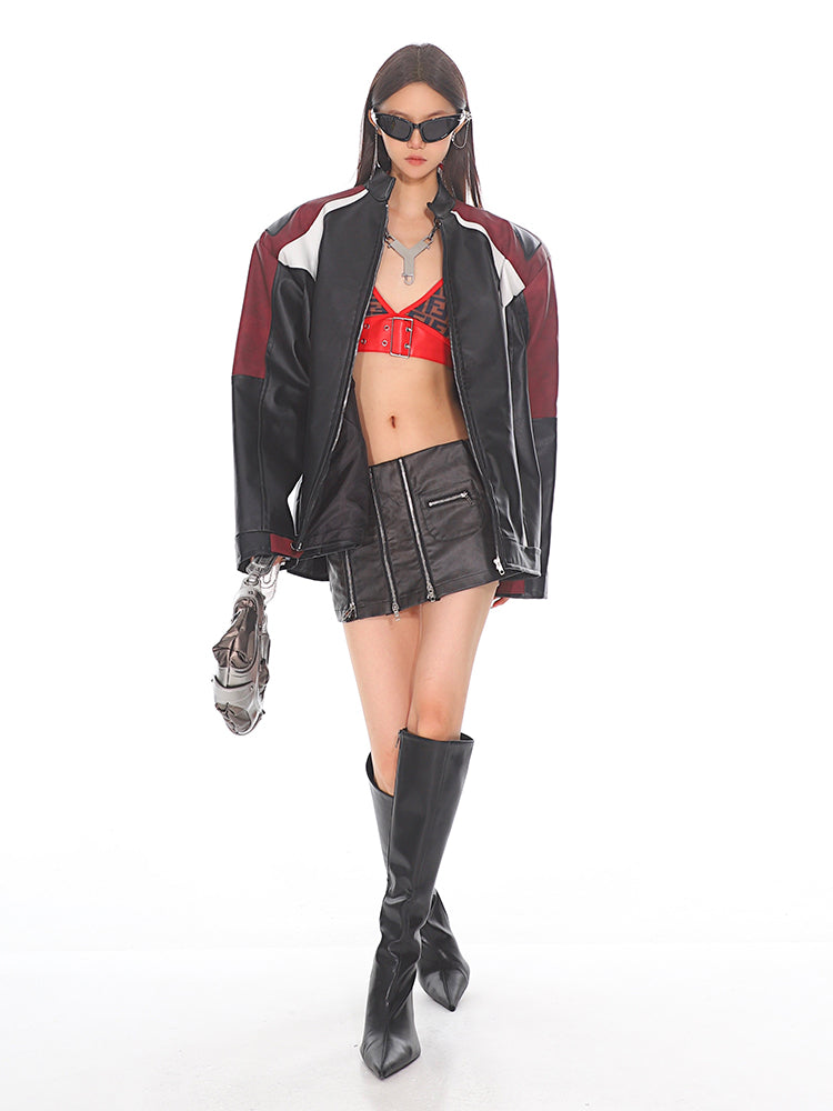 【24s Sep.】Black and Red Contrast Leather Motorcycle Jacket