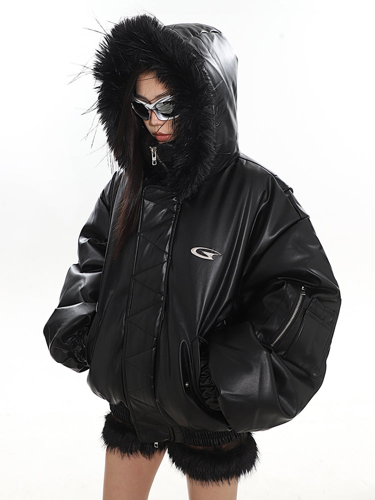 【23s December.】Plush Paneled PU Leather Hooded Jacket