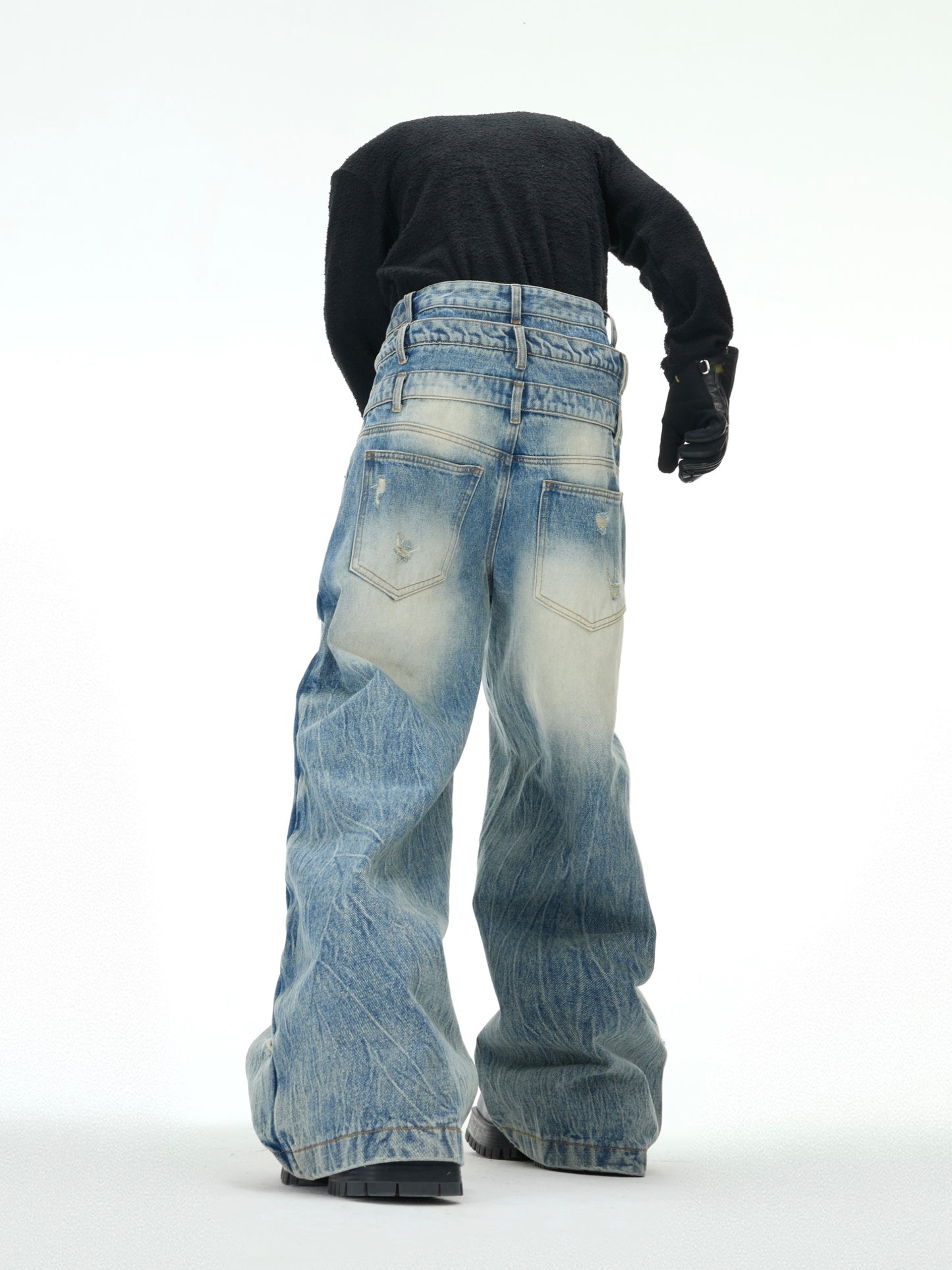 【25s Feb.】Washed Blue Jeans, Folded and Damaged Casual Pants